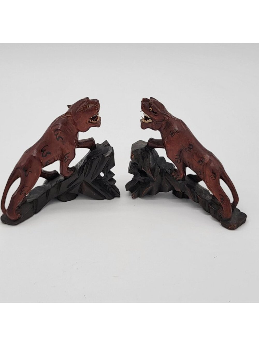 Antique Hand-Carved Rosewood Tiger Pair with Glass Eyes